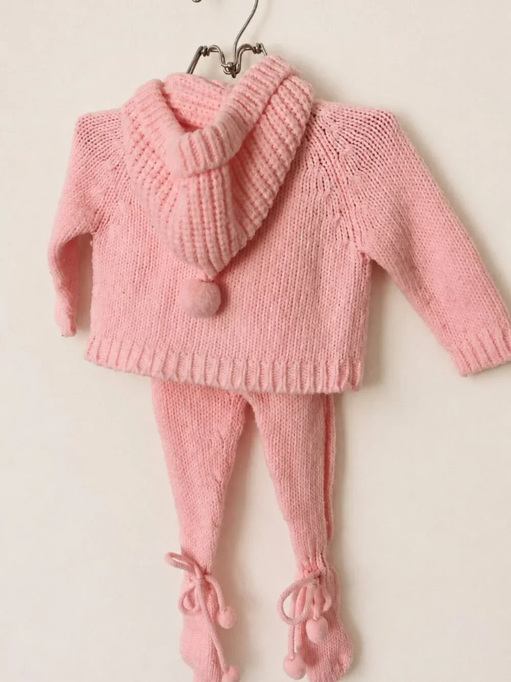 Vintage Newport Pink Knit Baby Sweater & Footed Pants Set Handmade Look